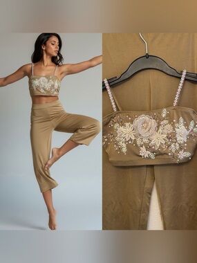 The Line Up Custom Contemporary Solo Costume Taupe Floral Applique Pants SA